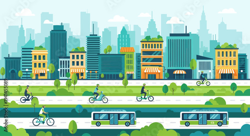 Eco-friendly city transport with bicycles and buses, green buildings and skyline