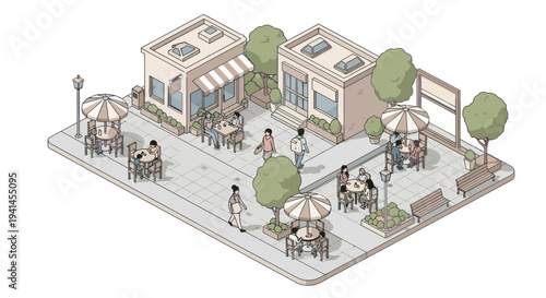 Isometric street scene with cafes, people, and trees in a charming urban setting.