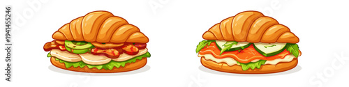 Two delicious croissant sandwiches with fresh ingredients and appetizing fillings
