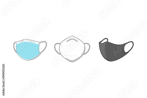 Collection of three different types of face masks for protection against viruses and pollution
