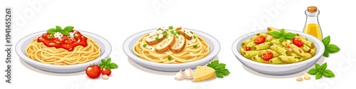 Three delicious pasta dishes with fresh ingredients and garnishes, presented beautifully
