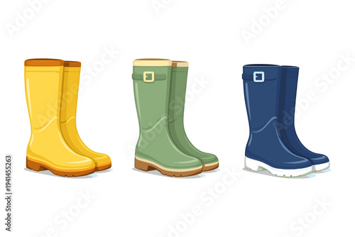 Collection of three colorful rubber rain boots for outdoor adventures