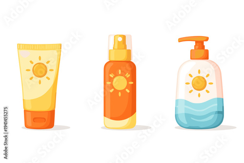 Collection of sun protection products including lotion, spray, and pump bottle