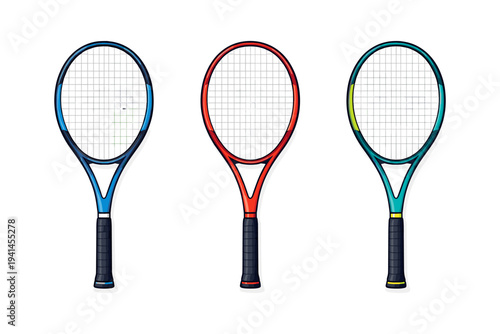 Three colorful tennis rackets displayed side by side on a white background