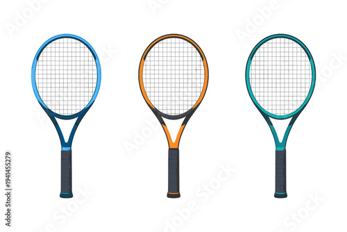 Three colorful tennis rackets arranged side by side on a white background