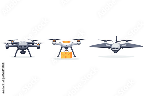 Three different types of drones, including a camera drone, a delivery drone, and a fixed-wing drone