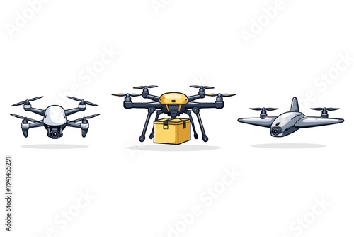 Three different types of drones, including a delivery drone with a package, on a white background