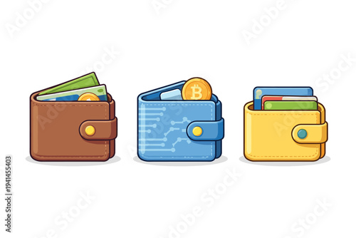 Three different wallets, one with cash, one with bitcoin, and one with credit cards