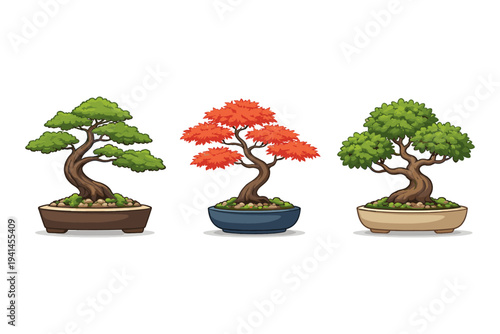 Three stylized bonsai trees in pots, one with red leaves, two with green