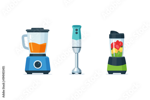 Collection of three different blenders for making smoothies and juices
