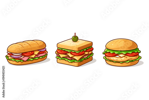 Three different types of delicious sandwiches and burgers displayed on a white background