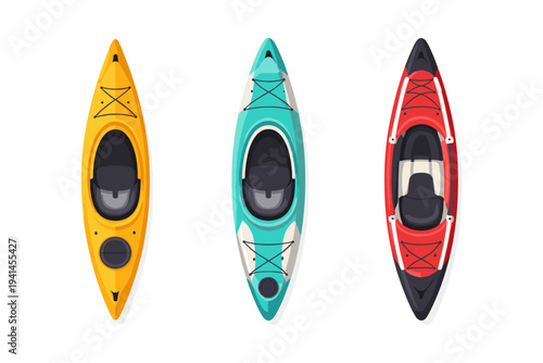 Three colorful kayaks viewed from above, ready for adventure on the water