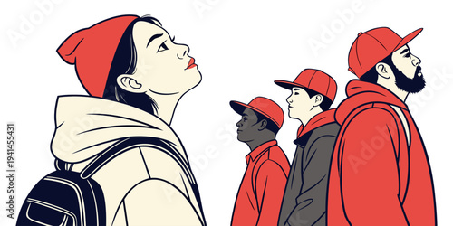 Inquisitive Gaze and Unified Support: A young woman looks upwards, symbolizing aspiration, while a line of diverse figures stands in solidarity, showcasing a supportive environment. 