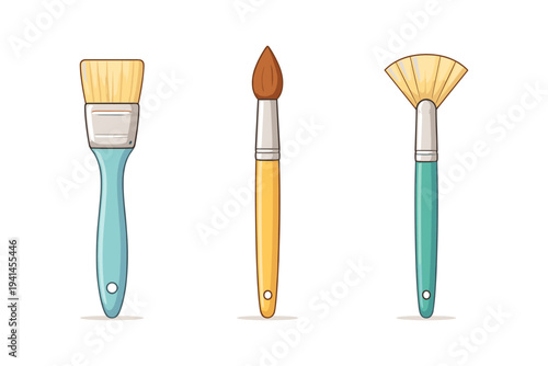 Collection of three different art paint brushes on a white background