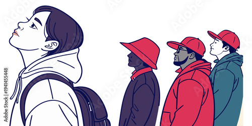 Dreamer's Ascent: A person gazes upwards with a hopeful expression as a line of individuals stands by, symbolizing ambition, aspiration, and the journey towards achieving dreams.