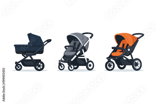 Three different types of baby strollers and prams displayed side-by-side
