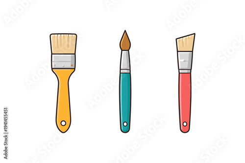 Collection of three different paint brushes with colorful handles on a white background