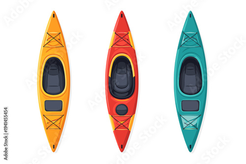 Three colorful kayaks lined up from a top-down perspective, ready for adventure