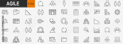 Agile methodology and project management icons set, outline symbols for software development scrum workflow iterative process and team collaboration vector illustration
