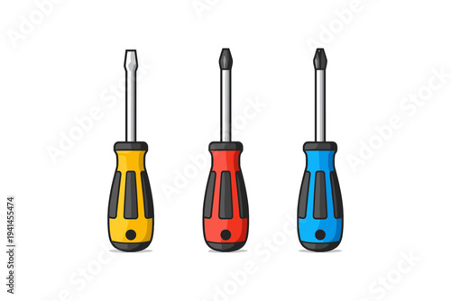 Three colorful screwdrivers with yellow, red, and blue handles arranged in a row