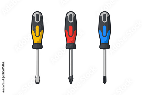 Set of three colorful screwdrivers with different tips and handles on a white background