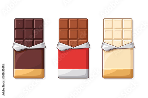 Three different chocolate bars, dark, milk, and white, displayed in their wrappers