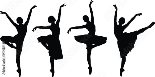 Ballet dancer silhouettes set, graceful ballerina dance poses collection, classical ballet performance movements, elegant female dancers isolated black silhouettes on white background