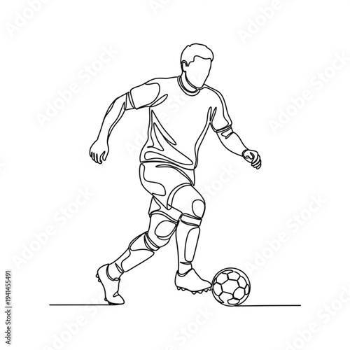 A minimalist line art illustration of a soccer player kicking a ball in a dynamic pose