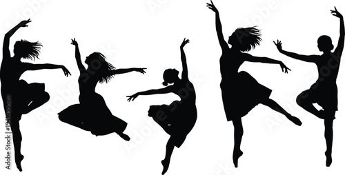 collection of ballerina dancer silhouettes, graceful female ballet dancers performing elegant leap and pose movements, black silhouette figures isolated on white