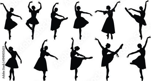 Ballet dancer silhouettes collection set, elegant ballerina dance poses variety, graceful classical ballet movements, female dancers isolated black silhouettes on white background