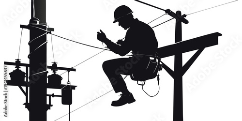 Electrician at Work: A silhouette of a skilled electrician meticulously works atop a utility pole, performing his duties in the service of providing power. 