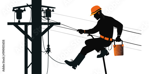 Electrician at Work: A silhouette captures an electrician in the midst of his duties, working diligently on power lines and demonstrating the core of industry