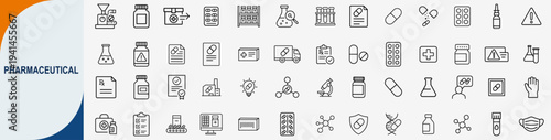 Pharmaceutical and medical research icons set, outline symbols for healthcare laboratory medicine drug production and clinical pharmacy vector illustration