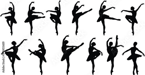 collection of ballerina silhouettes performing elegant ballet poses, graceful female dancers in classic ballet movement set, black silhouette figures isolated