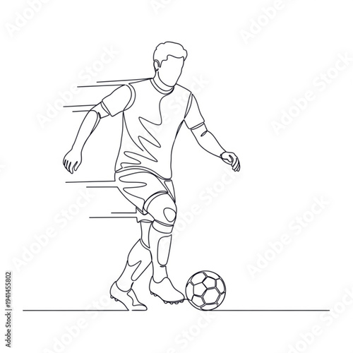 A minimalist line art illustration of a soccer player in motion, kicking a ball with dynamic lines