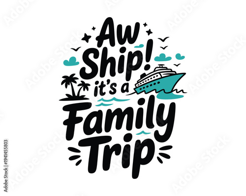 A whimsical illustration promoting a family cruise vacation with a vibrant design