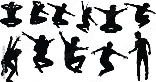 collection of jumping people silhouettes, energetic male and female dancers in dynamic leap poses, freestyle dance movement set, black silhouette figures isolated