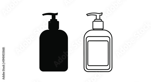 Two black and white illustrations of pump bottles differing in shape
