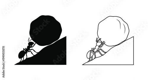 An ant struggles to push a large rock uphill in a black and white illustration