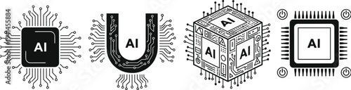 Set of robotic character icons featuring various chest plate designs, automation droids, artificial intelligence bots, and cad drawing flat vector illustration.