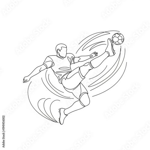 A dynamic line art illustration of a soccer player kicking a ball with motion lines