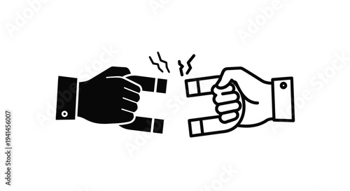 Two hands holding magnets repelling each other with force lines