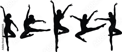 set of ballerina dancer silhouettes performing elegant ballet leap poses, graceful female dance movement collection, black silhouette ballerinas isolated on white