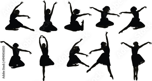 Elegant ballet dancer silhouettes collection, graceful female dance poses, jumping ballerina movements, classical ballet performance, isolated black silhouettes on white background artistic dance set
