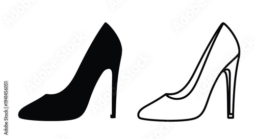 Two high heeled shoes one solid black one white outline