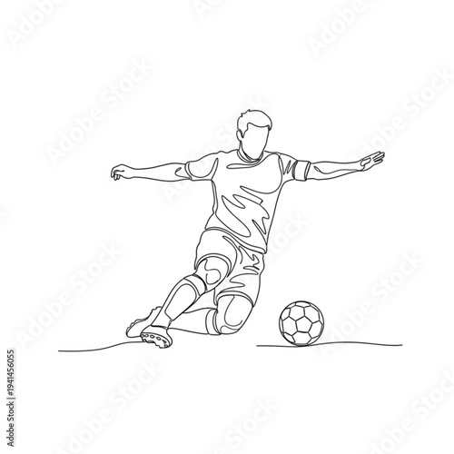 A minimalist line art illustration of a soccer player kicking a ball in a dynamic pose