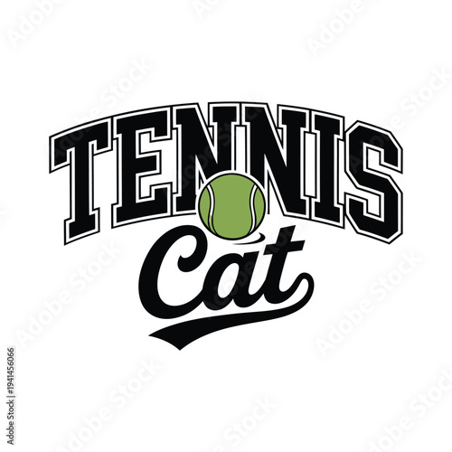 A graphic illustration featuring the word tennis with a cat and tennis ball