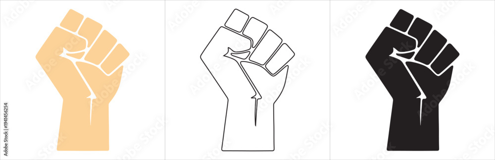 Fototapeta premium Raised clenched fist silhouettes in three graphic styles symbolizing solidarity resistance activism and collective strength