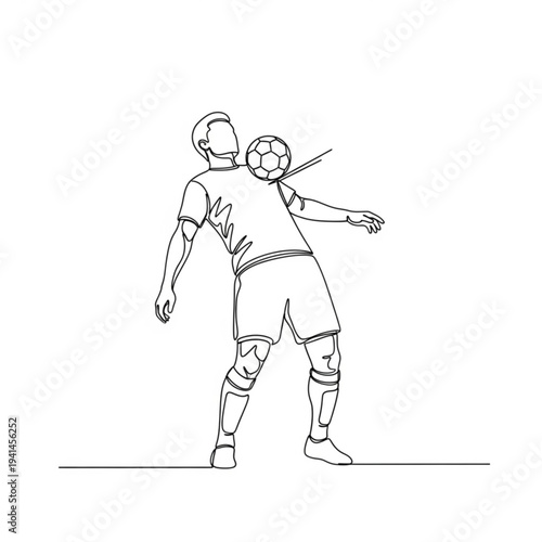 A soccer player in a dynamic pose, heading a ball with his chest in a line art illustration