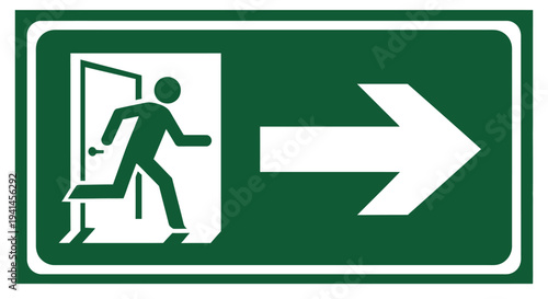Green emergency exit vector graphic illustration showing a person running through a door with a right arrow.